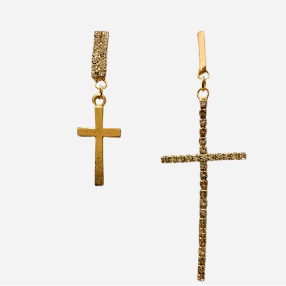 Delicate Divinity Asymmetric Rhinestones crystal Gold Cross Dangling Earrings - Picture 6 of 9
